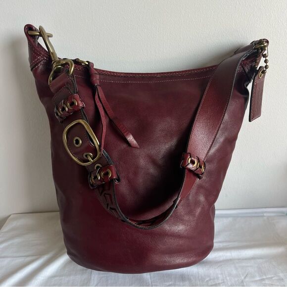 RARE | COACH Bleecker XL Bucket Duffle Legacy Tattlesall Maroon Hobo Bag 11423 - Picture 3 of 16